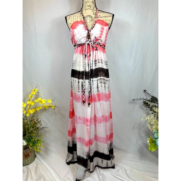 Chaudhry Rope Halter Open Back Tie Dye Maxi Dress Pink Black M - Picture 1 of 14